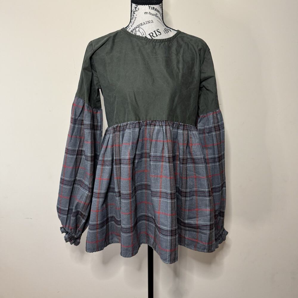 DEBO Couture Plaid Babydoll Tunic Top Olive Green Gray Long Sleeve Size M